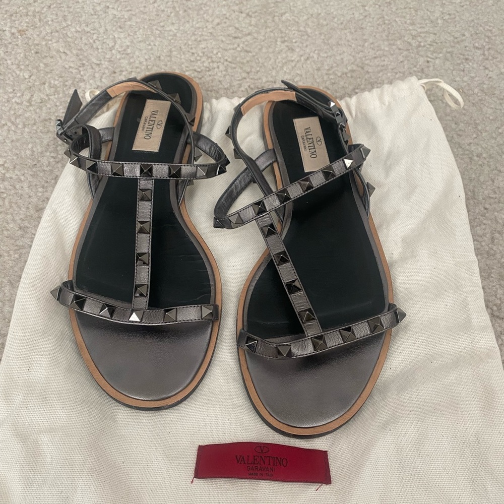 Valentino Gray Silver T-Strap Rockstud Sandals, 39.5